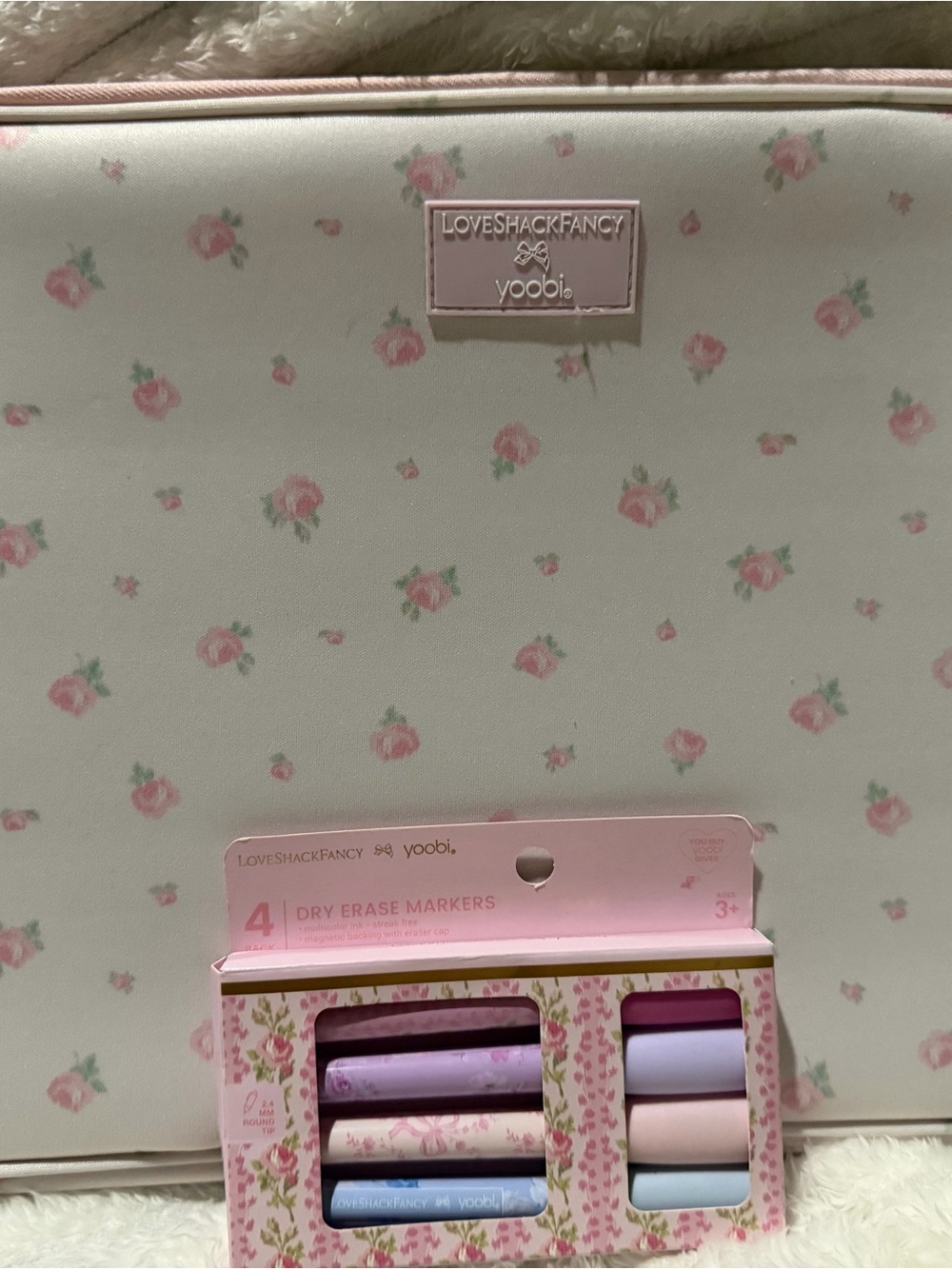 NWT LoveShackFancy Cream and Pink Rose Print Laptop Sleeve & dry erase markers